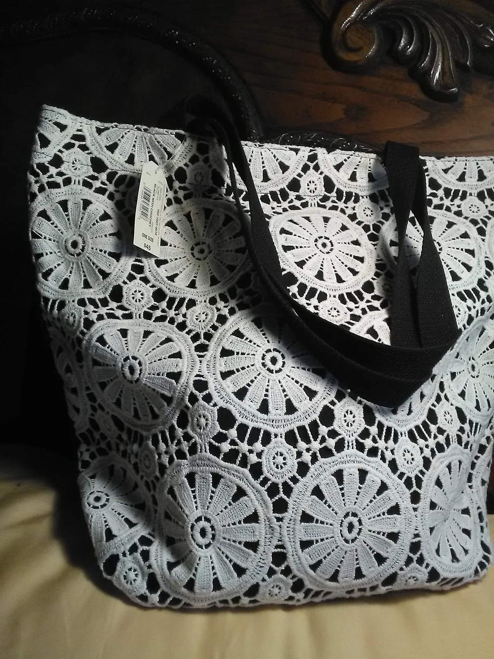 NWT ARIZONA JEANS White Crochet Tote Bag with Black Handles FABRIC